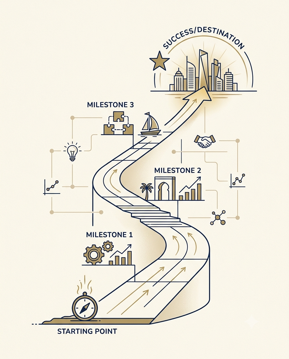 Illustrated roadmap moving from a starting point through milestones to the destination