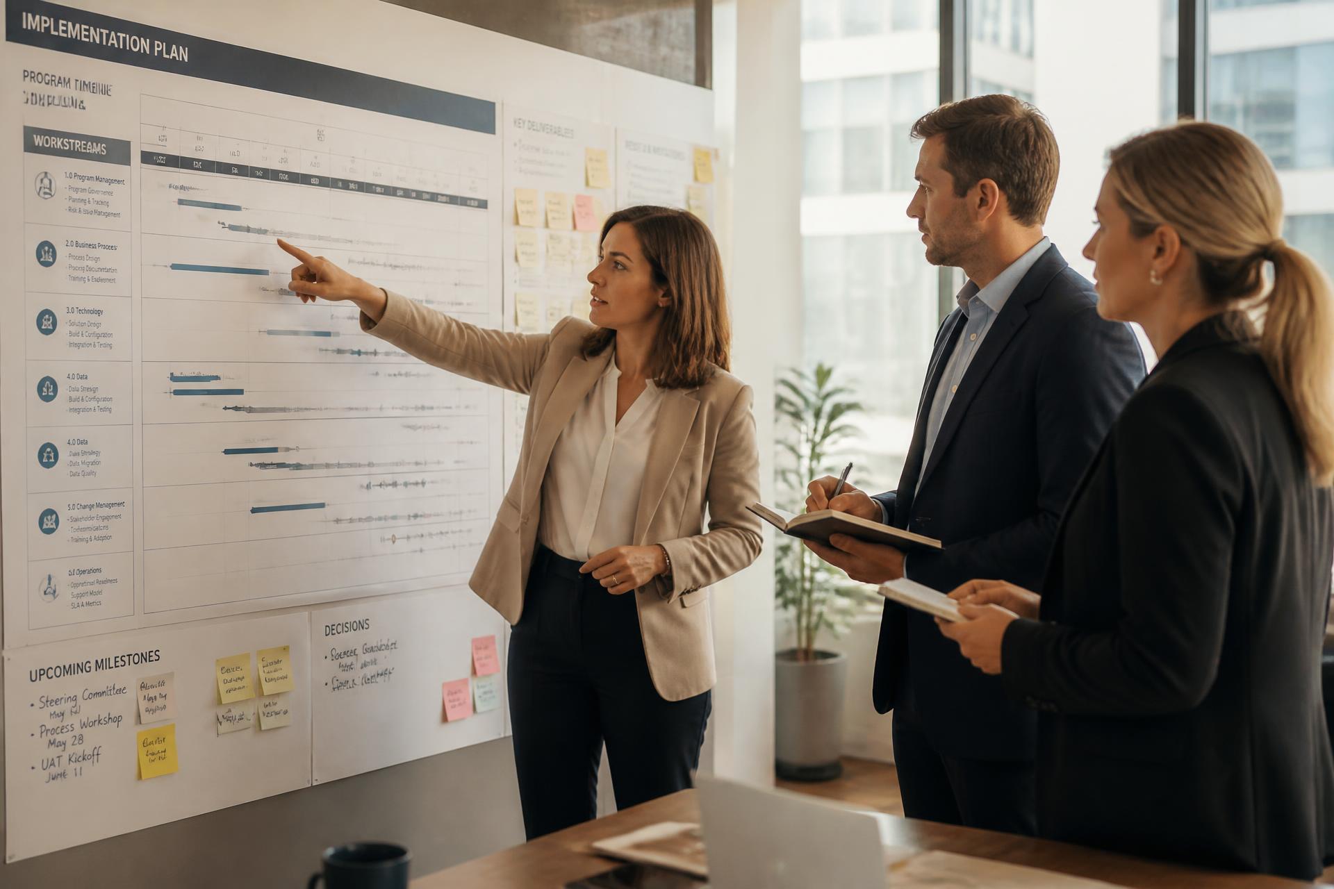 Consulting team reviewing a large implementation planning wall with timelines and workstreams